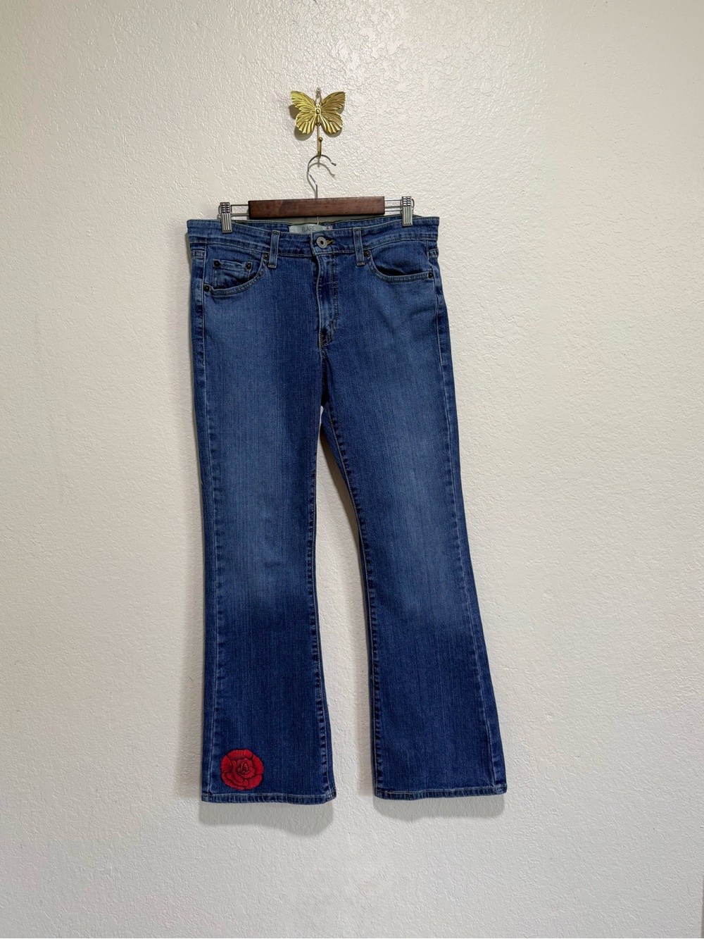 Vintage Levi's 519 Blue flare Denim Jeans with Red Rose & Wing size 11 Women’s - Picture 2 of 15